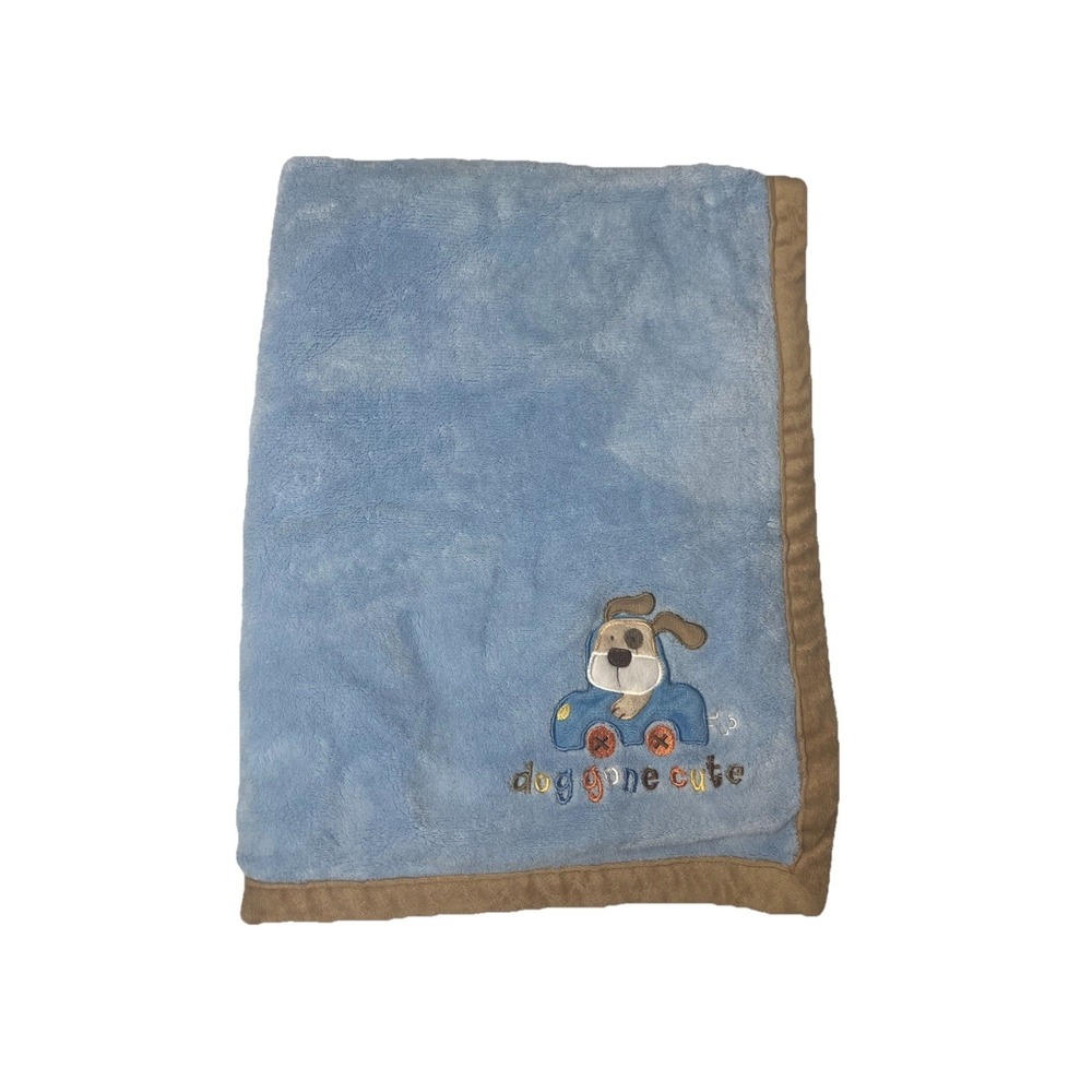 Small Wonders Dog Gone Cute Baby Blanket Blue With Brown Trim Soft! Hard To Find